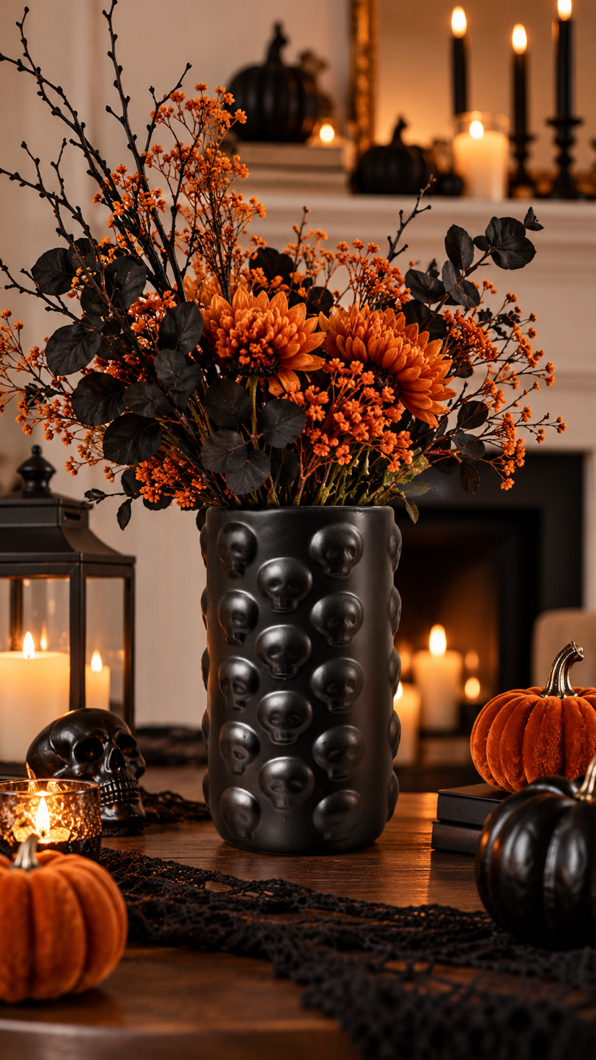 Jarrón de Cerámica Calaveras Esmalte Negro Mate - Hecho a mano, decoración de interiores Halloween