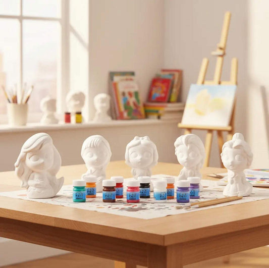 Kit Alcancias Infantiles para pintar con pinturas acrílicas y pinceles, actividad educativa y creativa para niños.