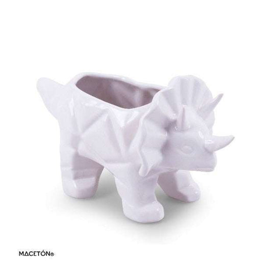 Maceta Dinosaurio de cerámica con acabado esmaltado y diseño geométrico en forma de triceratops.