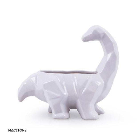 Maceta dinosaurio cuello largo geométrica de cerámica esmaltada blanca con hoyo de drenaje