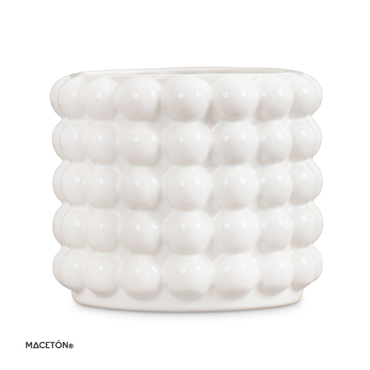 Maceta de Ceramica Cilindro Mediano 6'' Con Esferas Esmalte Blanco