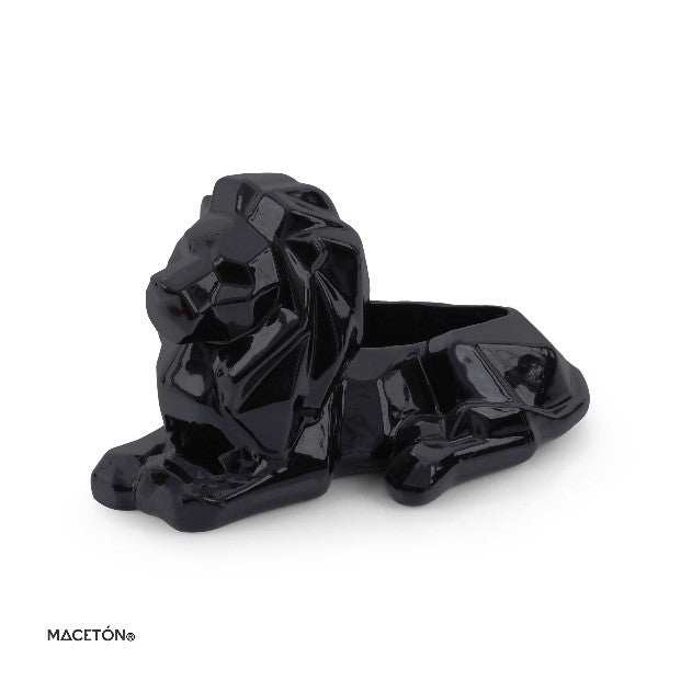 Maceta León Geométrico negro de cerámica esmaltada con diseño moderno y agujero de drenaje