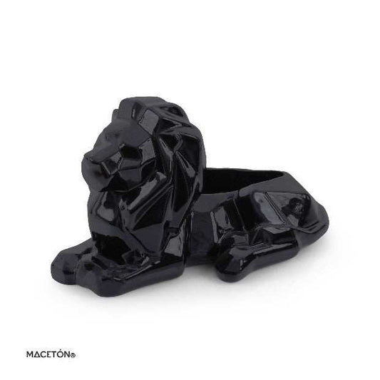 Maceta León Geométrico negro de cerámica esmaltada con diseño moderno y agujero de drenaje