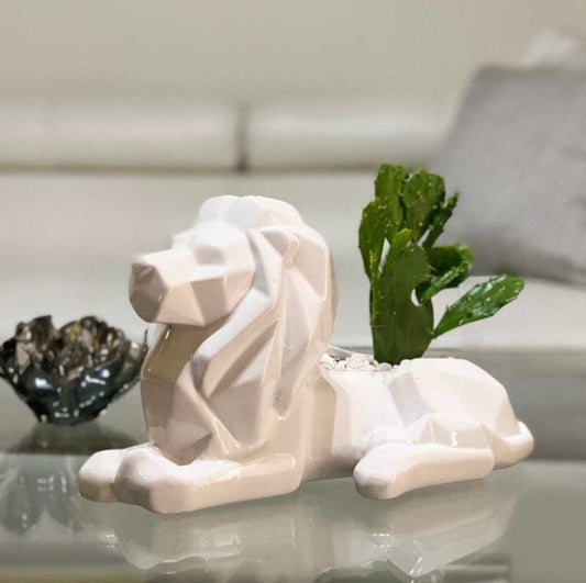 Maceta León Geométrico de cerámica esmaltada blanca con hoyo de drenaje y planta suculenta.