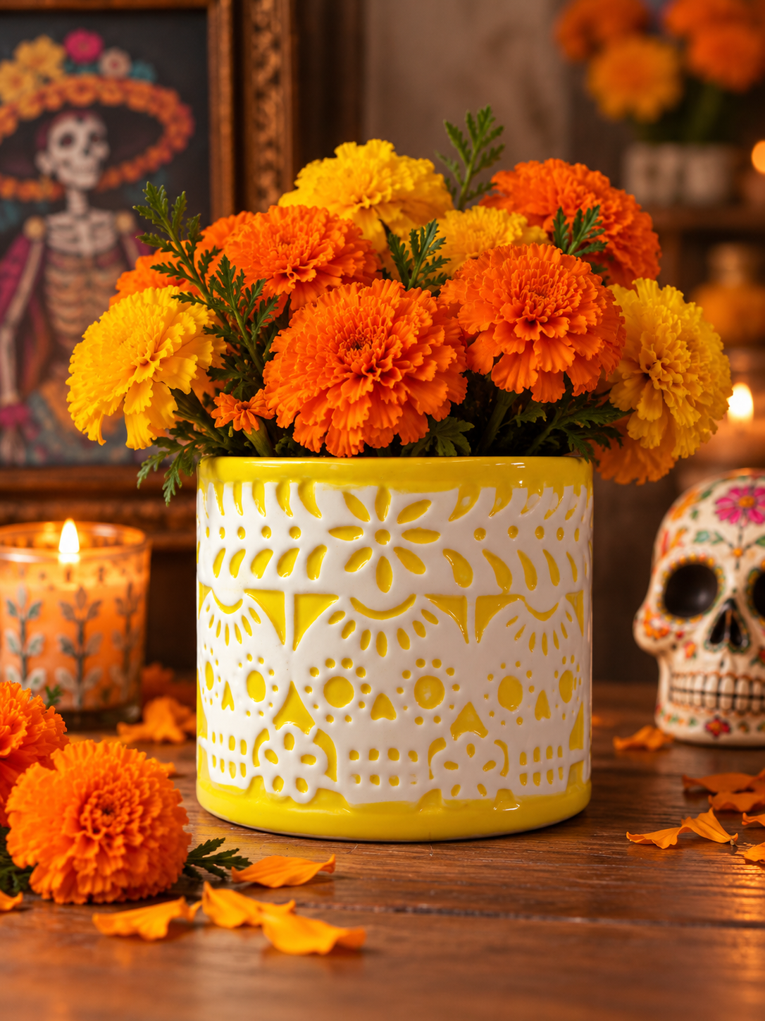 Papel Picado Maceta Día de Muertos de Cerámica con Diseño de Papel Picado Amarillo