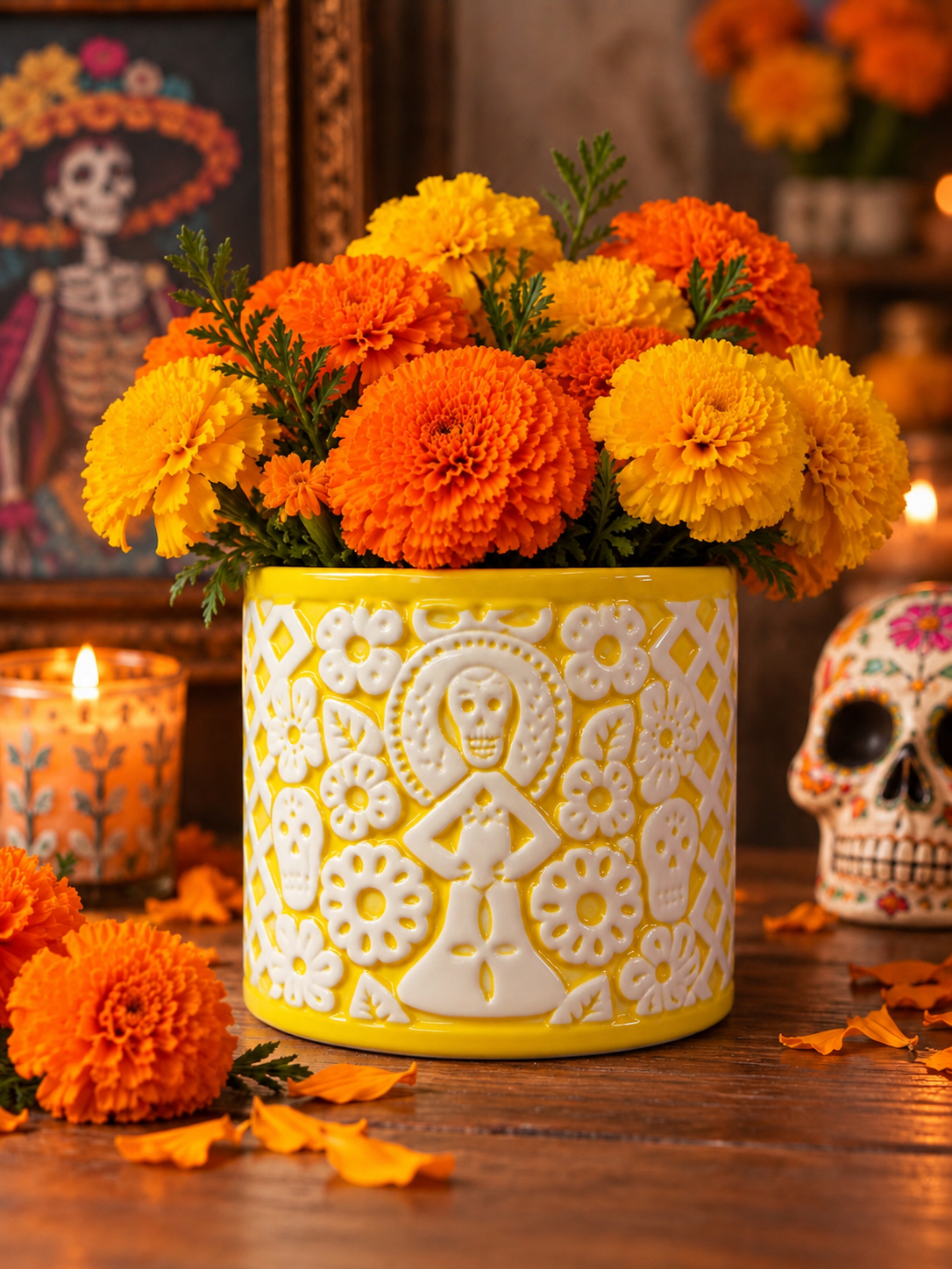 Papel Picado Maceta Día de Muertos de Cerámica con Diseño de Papel Picado Amarillo