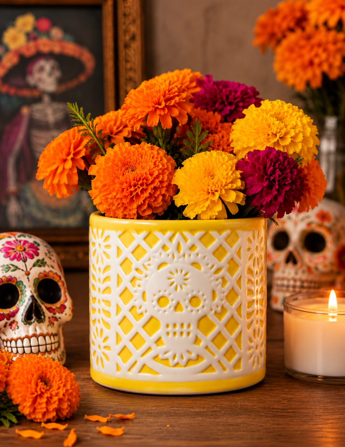 Papel Picado Maceta Día de Muertos de Cerámica con Diseño de Papel Picado Amarillo
