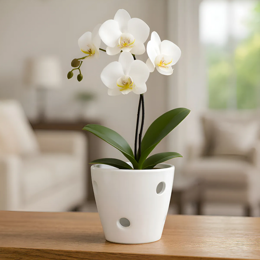 Maceta cerámica esmaltada blanca Cono Calado 2 con agujero de drenaje mediana