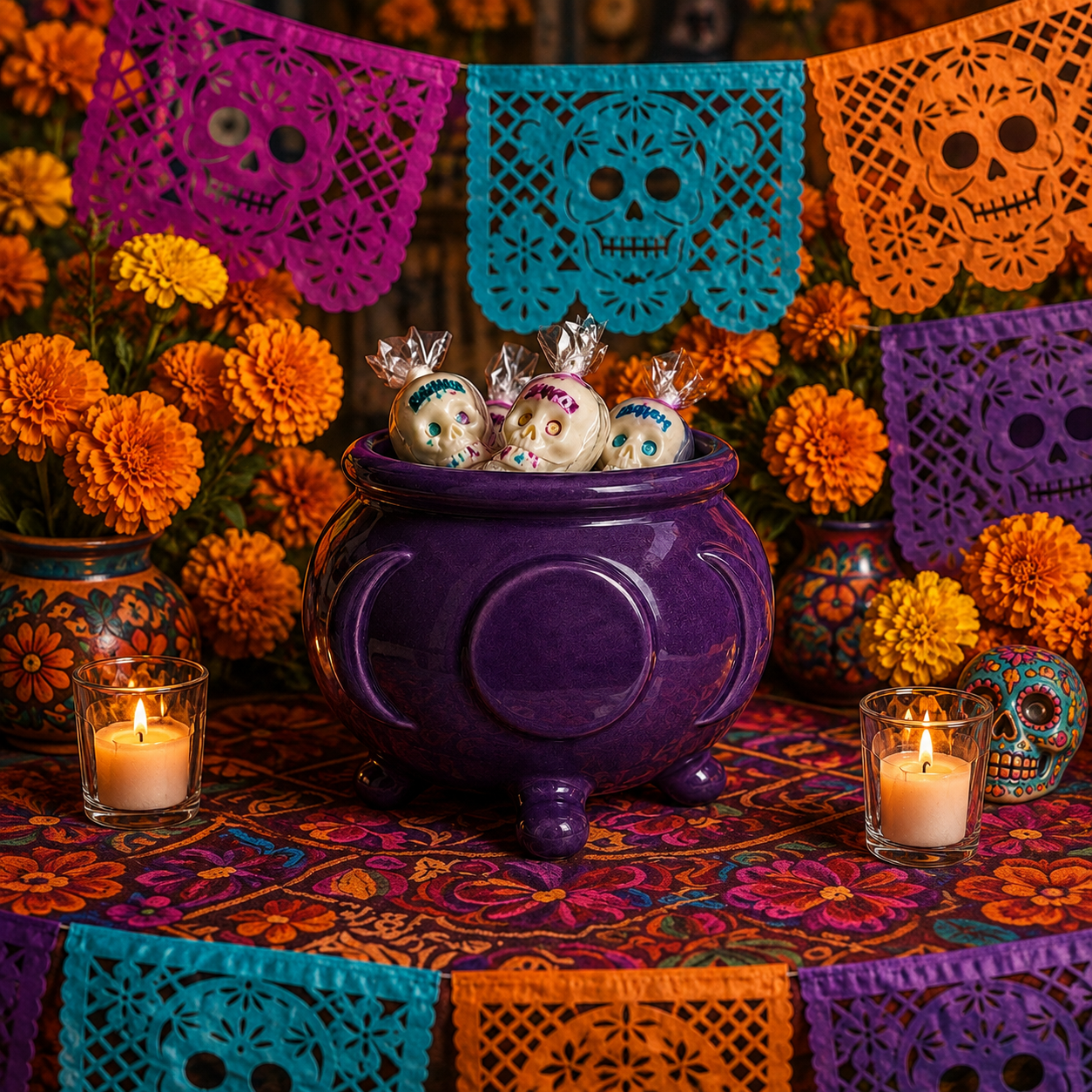 Maceta caldero luna morado de cerámica para decoración de Halloween