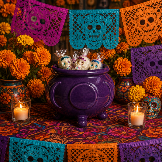 Maceta caldero luna morado de cerámica para decoración de Halloween