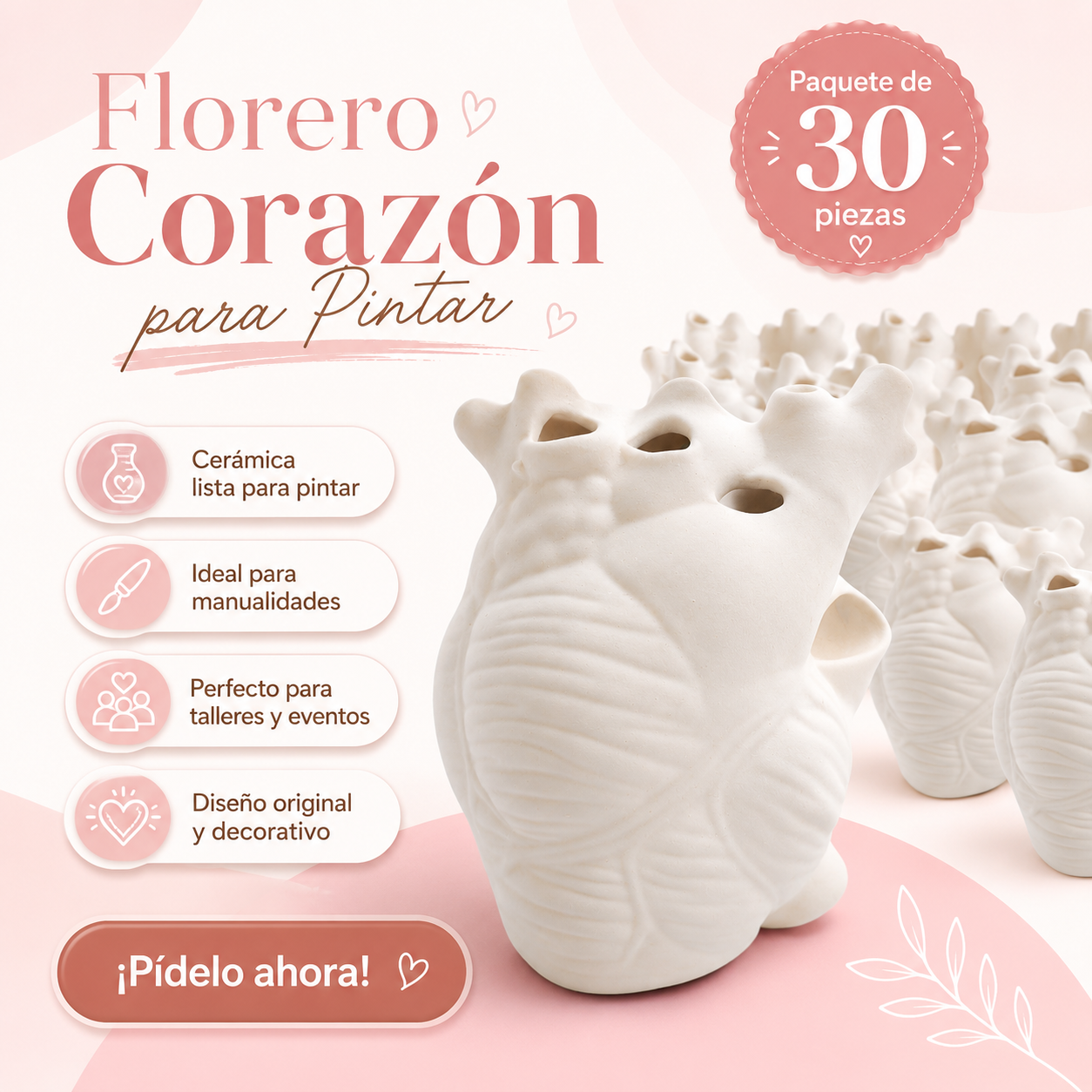 Paquete 30 Piezas Florero Corazón Cerámica Para Pintar Mayoreo