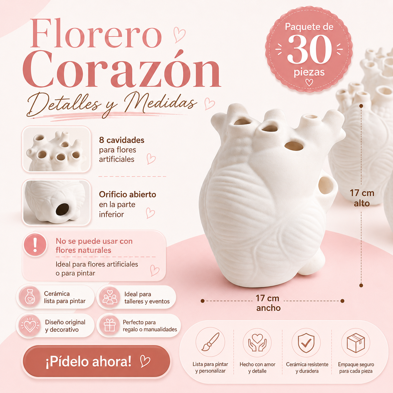 Paquete 30 Piezas Florero Corazón Cerámica Para Pintar Mayoreo