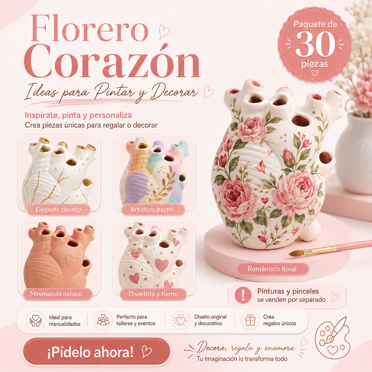 Paquete 30 Piezas Florero Corazón Cerámica Para Pintar Mayoreo