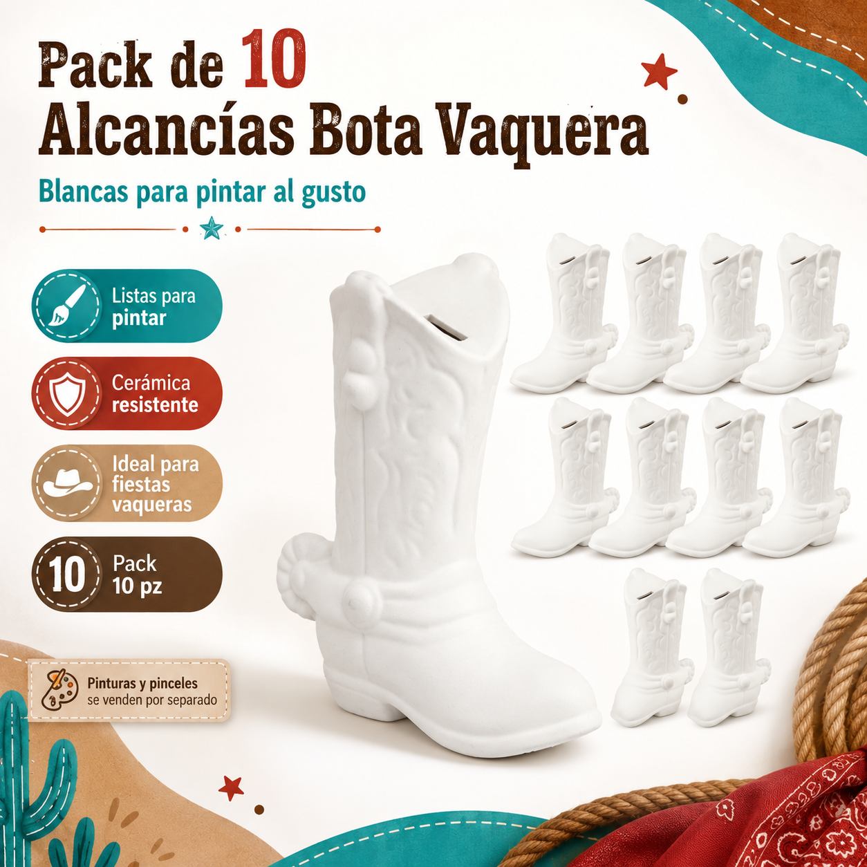 Pack 10 Alcancías Bota Vaquera de Cerámica para Pintar - Ideal para fiestas vaqueras, manualidades y recuerdos personalizados