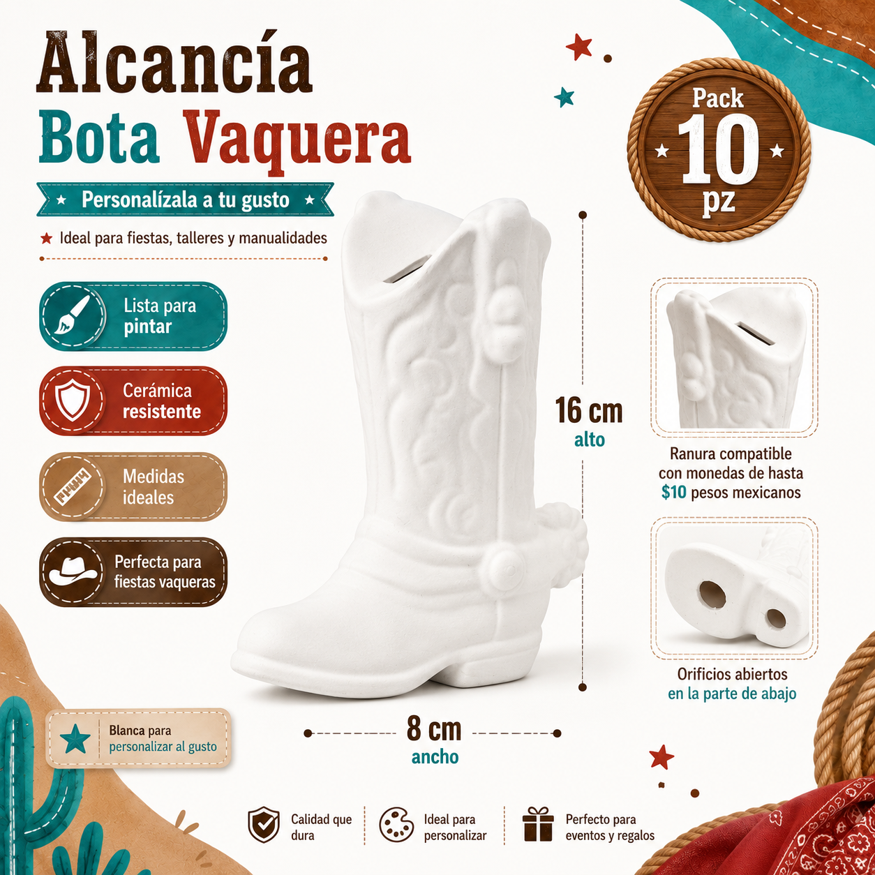 Pack 10 Alcancías Bota Vaquera de Cerámica para Pintar - Ideal para fiestas vaqueras, manualidades y recuerdos personalizados