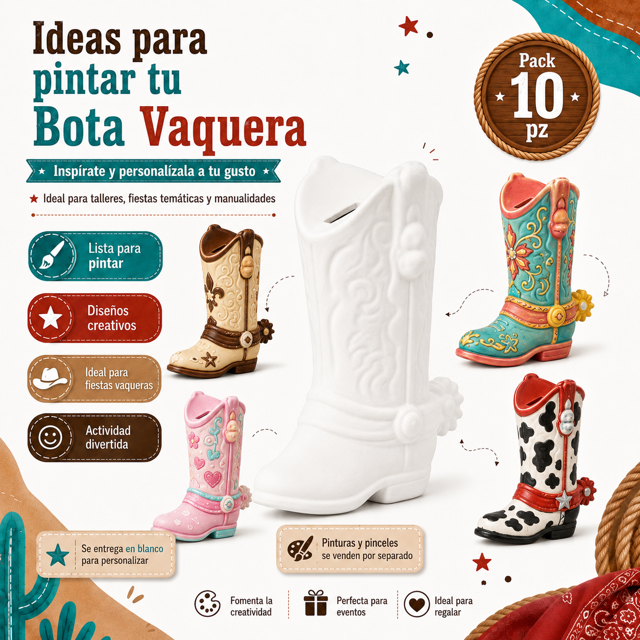 Pack 10 Alcancías Bota Vaquera de Cerámica para Pintar - Ideal para fiestas vaqueras, manualidades y recuerdos personalizados