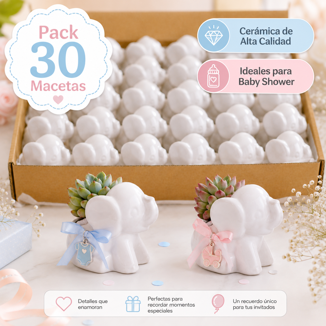 Paquete 30 Elefantitos | Recuerdos Artesanales para Baby Shower