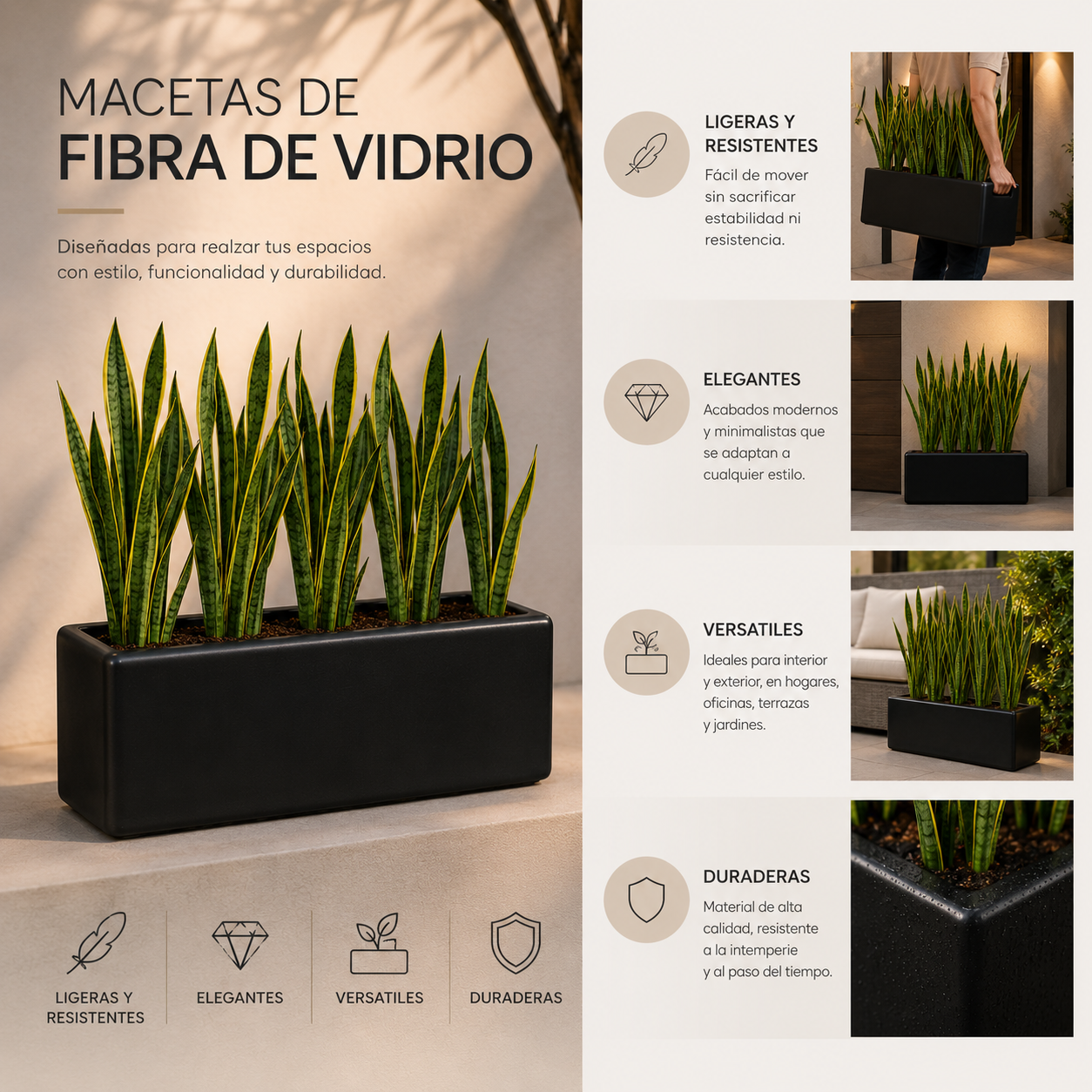 Jardinera Rectangular Negra 60x20x20 cm de Fibra de Vidrio | Moderna y Resistente
