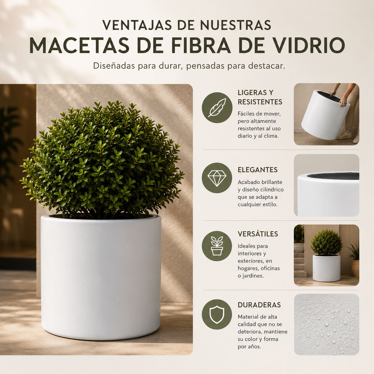 Cilindro Fibra de Vidrio 30x30cm – Maceta Blanca Resistente y Elegante