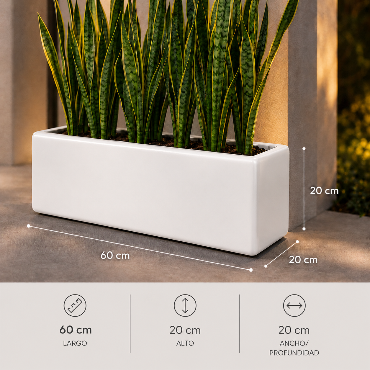 Jardinera Rectangular de Fibra de Vidrio Blanca 60x20x20 cm | Moderna y Ligera