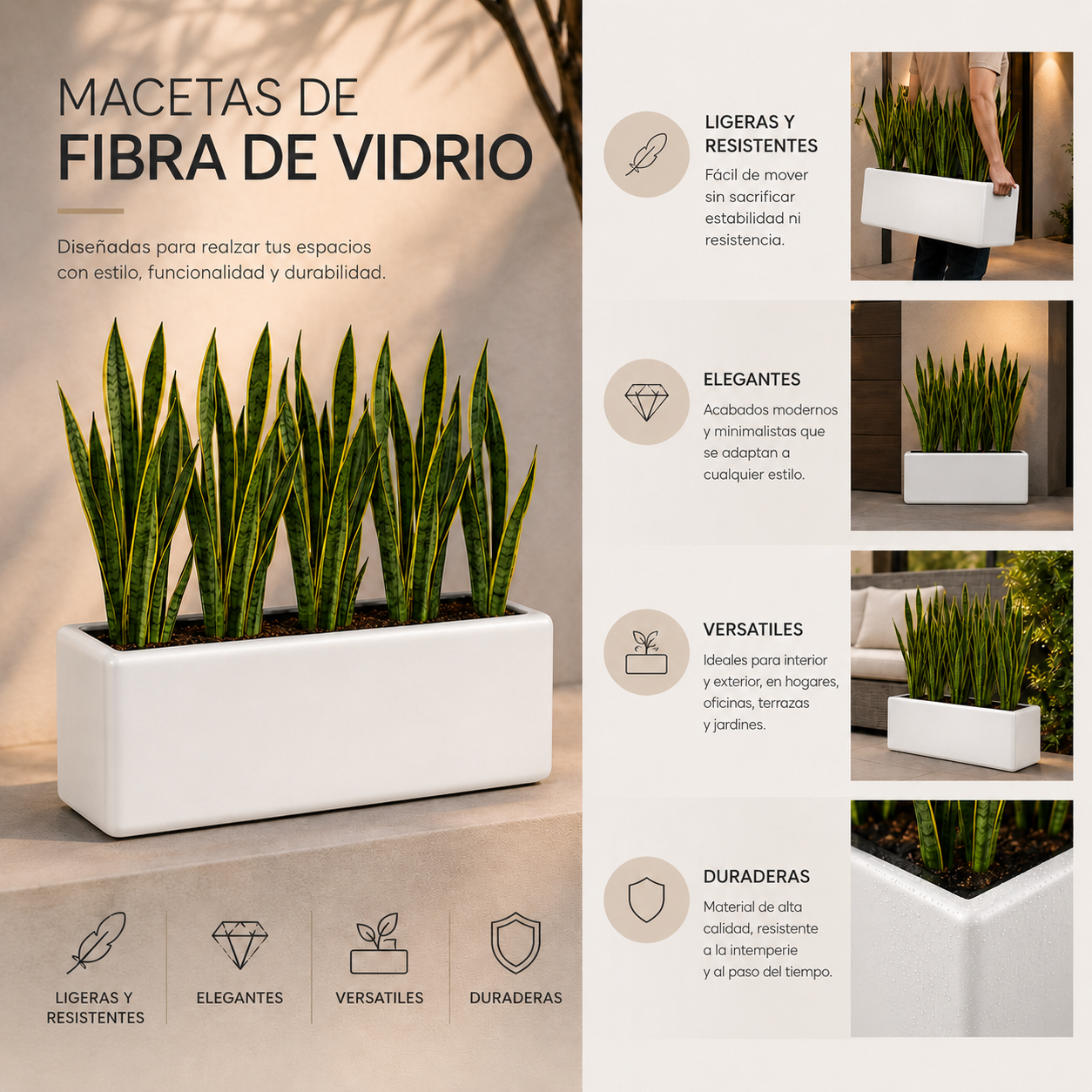 Jardinera Rectangular de Fibra de Vidrio Blanca 60x20x20 cm | Moderna y Ligera