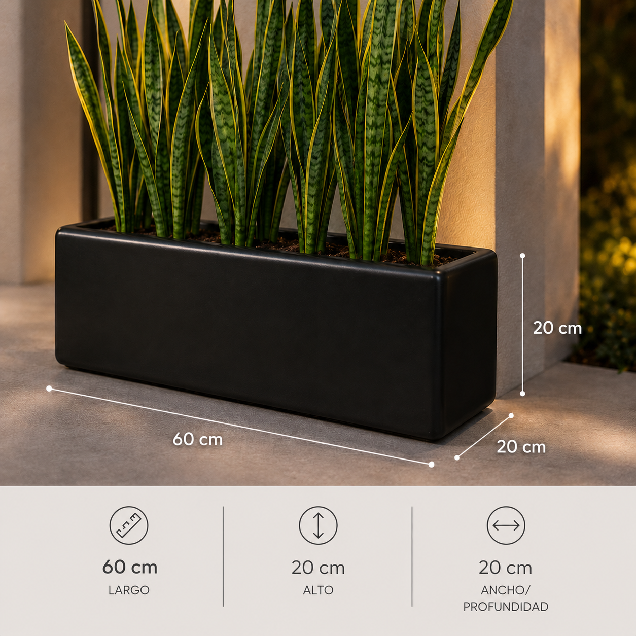 Jardinera Rectangular Negra 60x20x20 cm de Fibra de Vidrio | Moderna y Resistente