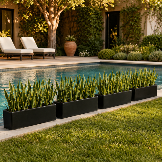 Jardinera rectangular negra de fibra de vidrio 60x20x20 cm moderna y resistente para decoración de interiores y exteriores