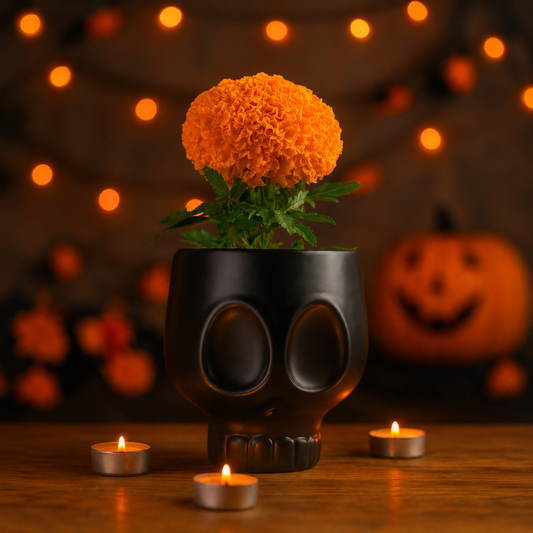Copa Calavera Negro decorativa en acabado negro mate con diseño exclusivo para eventos y hogar.