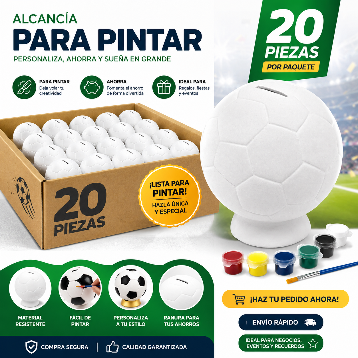Paquete 20 Alcancia Balón Futbol Soccer Cerámica Para Pintar - Manualidad para todas las edades, Mundial Futbol 2026