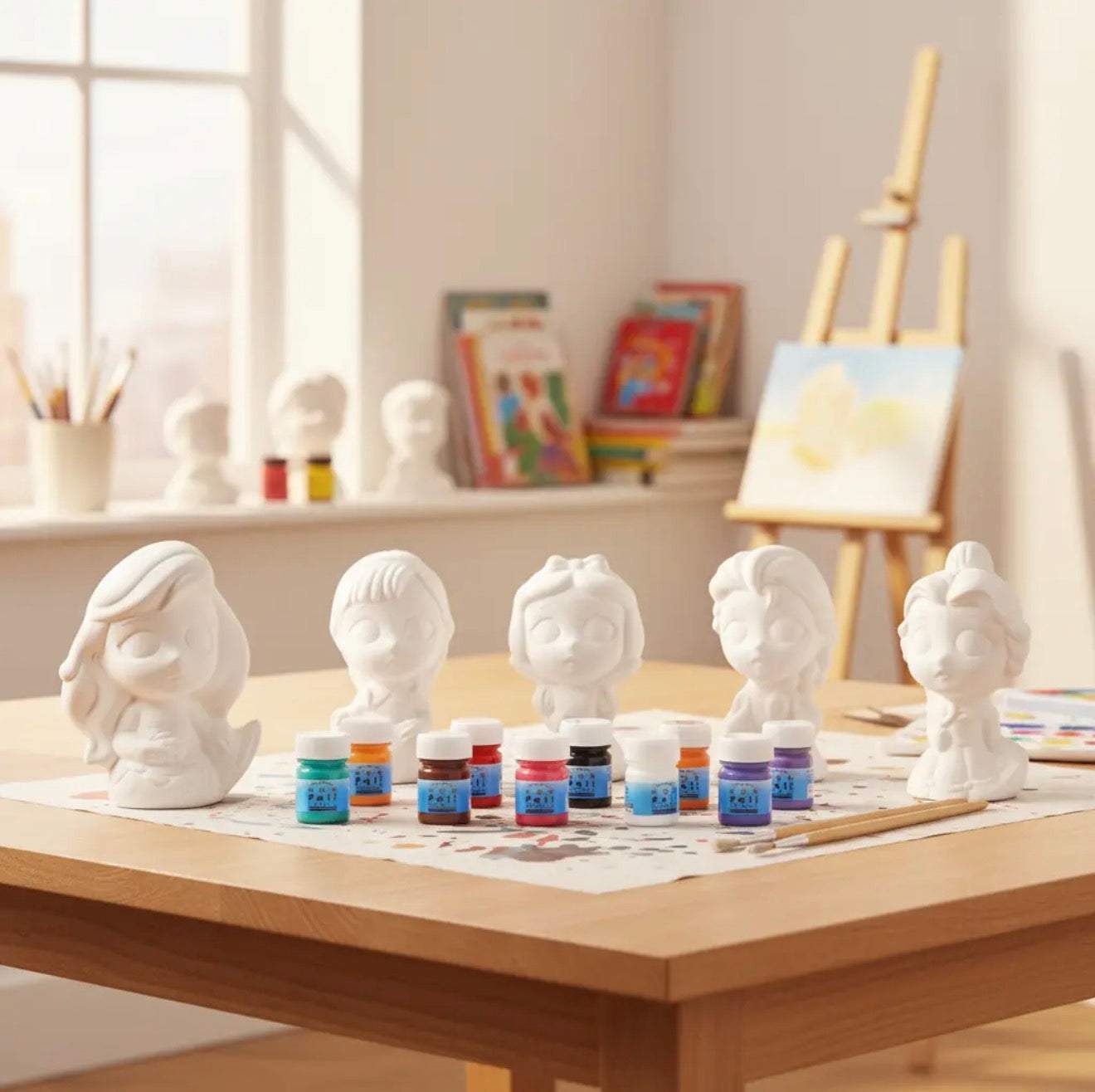 Kit Alcancias Infantiles para pintar con pinturas acrílicas y pinceles, actividad educativa y creativa para niños.