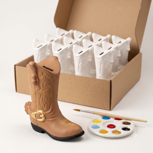Pack de 10 alcancías de cerámica en forma de bota vaquera para pintar y personalizar en fiestas temáticas