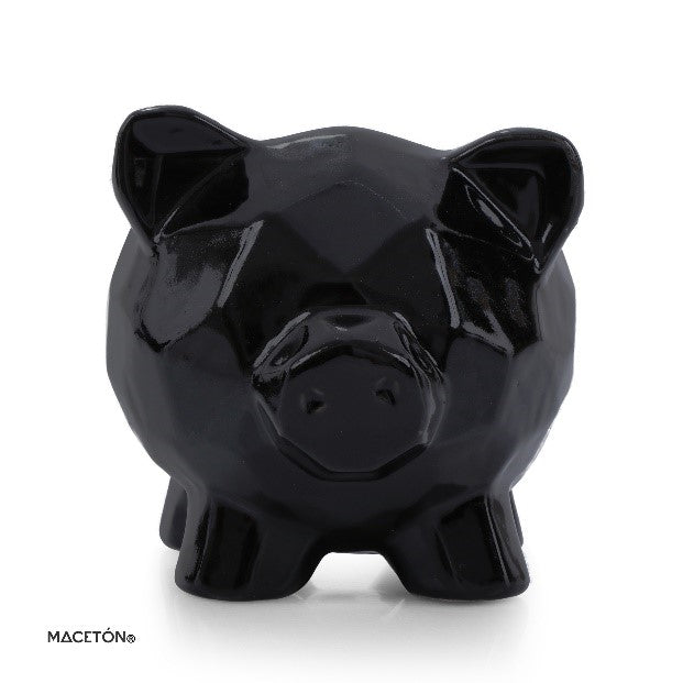 Maceta Cerdito Geométrico Esmalte Negro